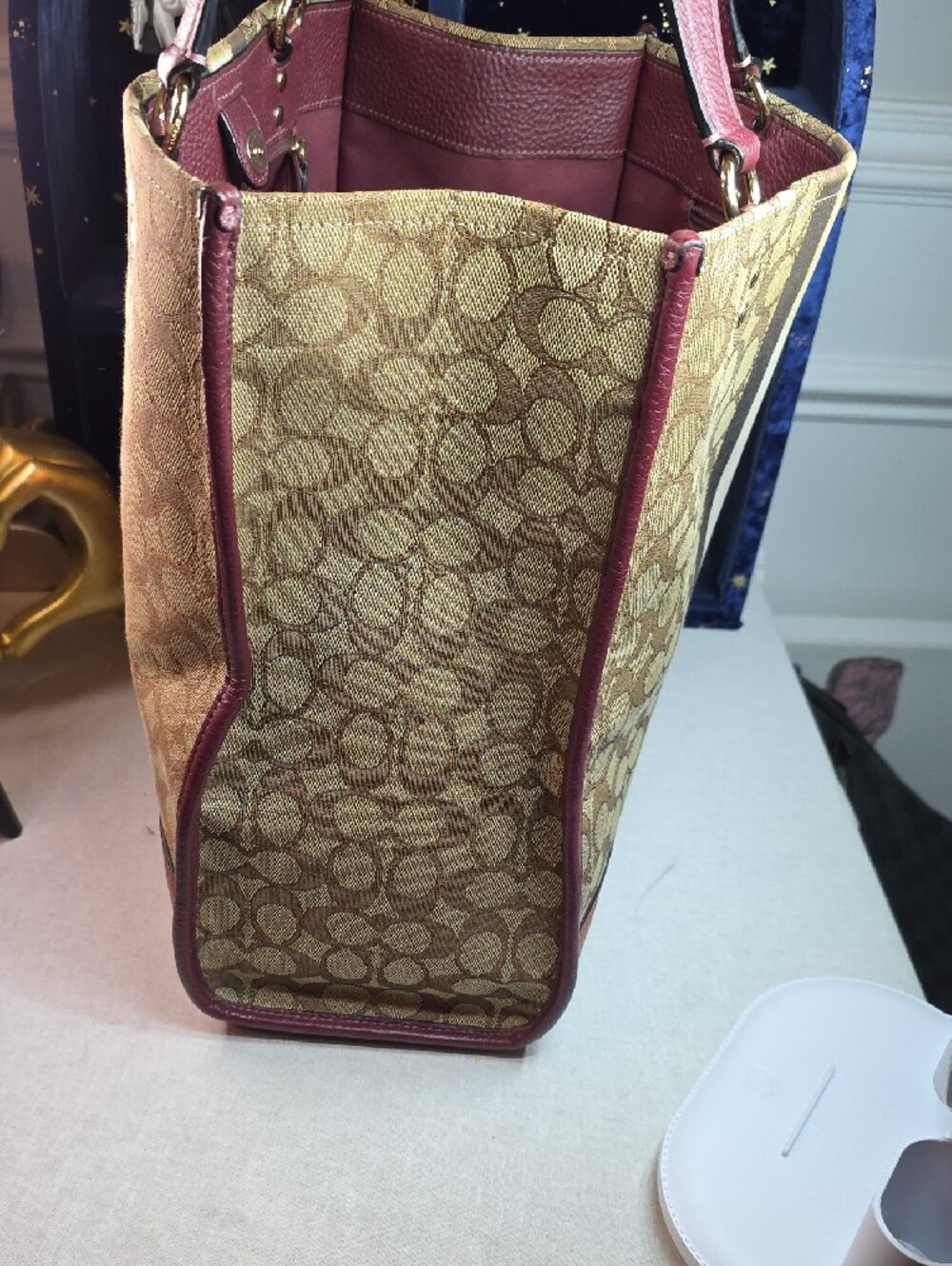 Coach Dempsey Signature Tote with Orange Medallion and Burgundy Trim - Picture 7 of 11